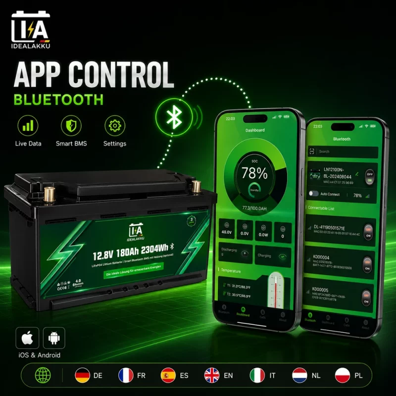 Idealakku LiFePO4 Batterie Bluetooth App Control Smart BMS fuer iOS und Android